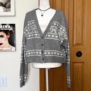 No Boundaries Cardigan Sweater Women XL 16-18 Gray Bow Heart Design Coquette